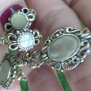 Vintage Moonstone Floral Mother Of Pearl Bracelet and Earrings