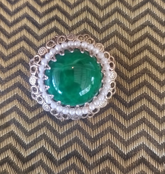 Vintage Green Pearl  Filigree Brooch