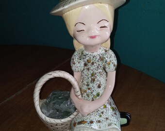 Vintage Mod Girl Ceramic Planter Vase Girl With Basket Pottery Planter Vase