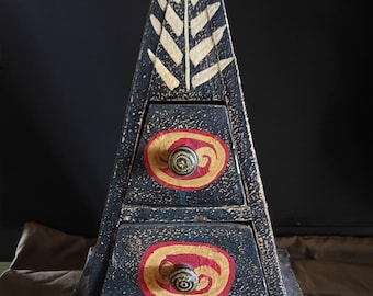 Indonesian Aztec Wooden Pyramid Box Vintage Hand Made Hand Painted Aztec Pyramid Trinket Box