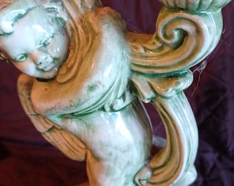 Vintage Majolica Cherub Two Arm Candelabra Vintage Green Pottery Majolica Italian Cherub Candle Holder