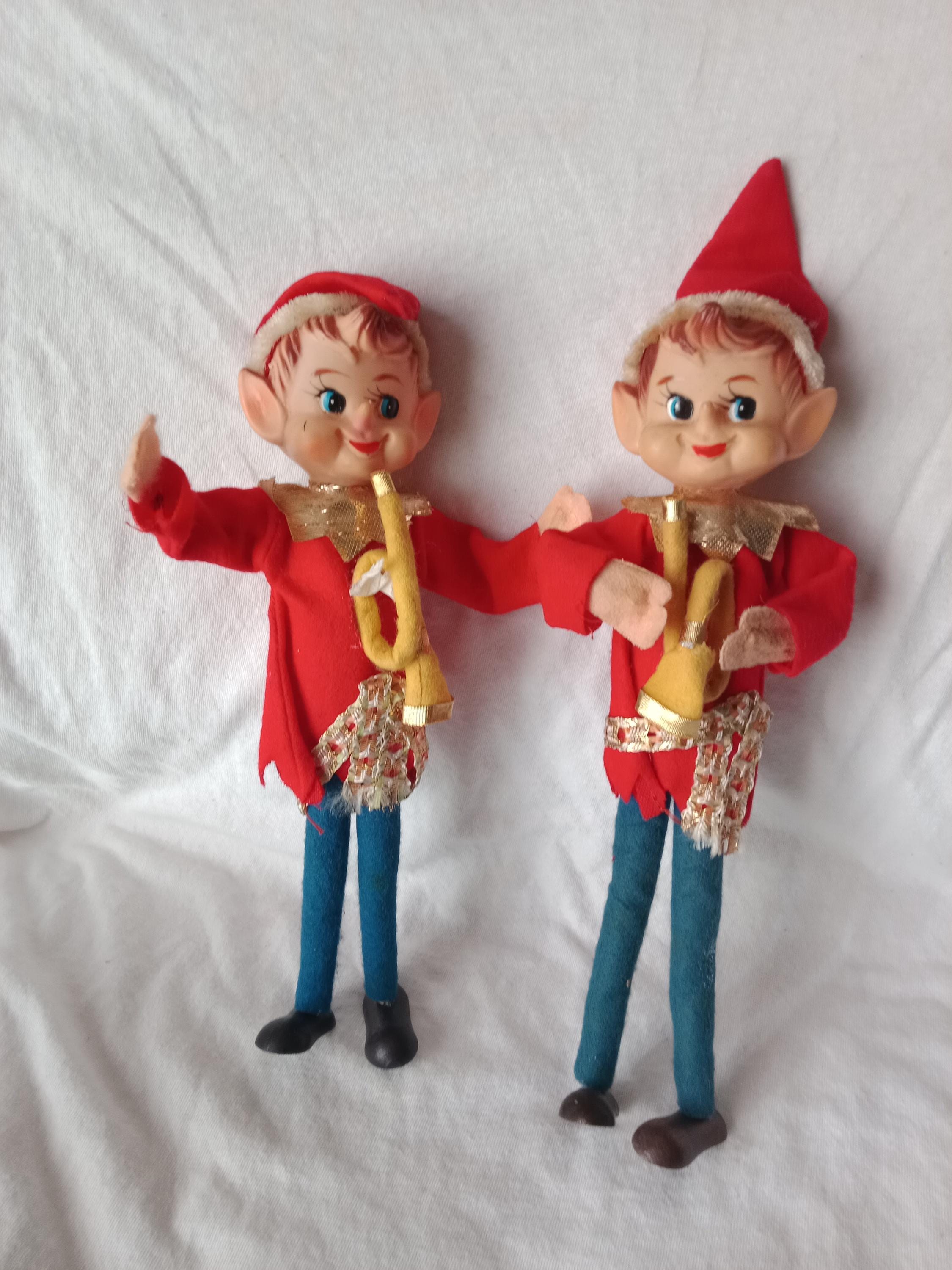 Mid Century Standing Elves With Horn Pixie Elf Vintage Christmas