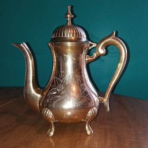 Engraved Brass Coffee Pot Vintage India Engraved Floral Brass Teapot