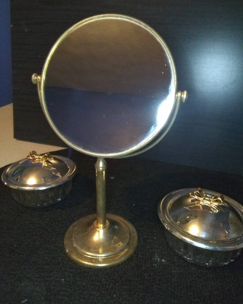 Brass Vanity Mirror Vintage Table Top And Two Beauty Jars