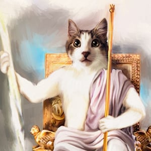 Gott Katzen Porträt, Zeus Katzen Porträt, Benutzerdefinierte königliches Haustier Porträt, Erinnerungskatzengeschenk, lustiges Katzenliebhaber Geschenk