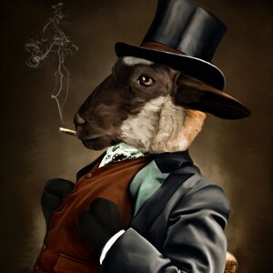 May include: A sheep wearing a black top hat, a brown vest, and a dark blue suit jacket, with a white scarf and a cigarette in its mouth. The sheep is sitting in a chair with a serious expression on its face.