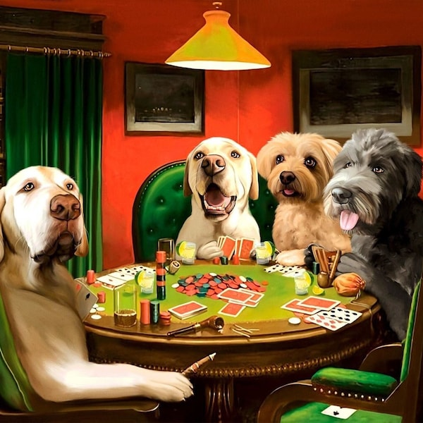 Retrato de mascota personalizado, perros jugando al póquer, regalo divertido para amantes de las mascotas, retrato de tus fotos