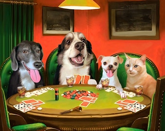 Christmas Gift - Custom Pet Portrait, Dogs Playing Poker, Funny Pet Lover Gift