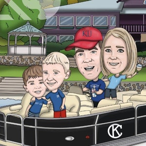 May include: A cartoon illustration of a family on a pontoon boat. The boat is black and beige with the text "SunChaser" on the side. The family is smiling and waving. The background includes a lake, trees, and a building. The text "Welcome to the Knolls!" is at the bottom.
