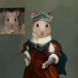 K&ouml;nnte beinhalten: Ein wei&szlig;es Hamster, das eine blaue und silberne Krone und ein rotes und blaues Kleid tr&auml;gt. Der Hamster schaut in die Kamera.