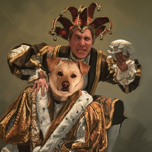 King and Jester, Custom Royal Pet Owner Portrait, Royal Dog Portrait, Renaissance Dog Portrait