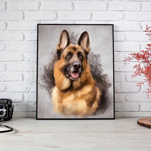 Retrato de pastor alemán, Pintura de mascotas, Regalo para el dueño de pastor, Retrato de mascota personalizado, Retrato de perro personalizado, Retrato de acuarela personalizado