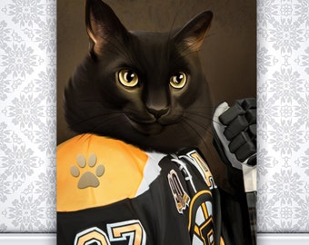 Cadeau pour amateur de hockey, portrait d'animal de compagnie personnalisé, chat joueur de hockey, cadeau pour propriétaire d'animal de compagnie