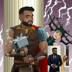 Retrato de casal de super-heróis. Sinta-se como um super-herói! Retrato em desenho animado, ilustração personalizada.