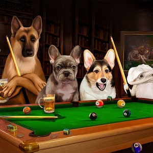 Dogs Playing Billiards, Funny Pet Portrait, Billiards Lover Gift, Pets Playing Pool, Dog Lover Gift