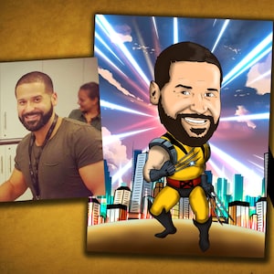 Superhero - caricature drawing, cartoon portrait, custom superhero portrait, gift for men, husband gift