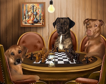 Custom Pet Portrait, Dogs Playing Chess, Funny Pet Lover Gift, Christmas Gift