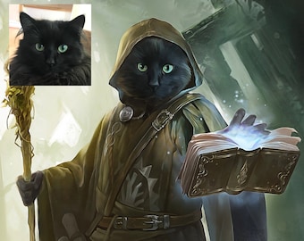 Wizard Cat Portrait, Custom Royal Pet Portrait, Mage Cat, Warlock Pet
