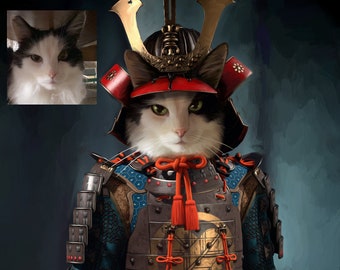 Samurai Cat, Custom Pet Portrait, Cat Owner Gift, Japan Lover Gift