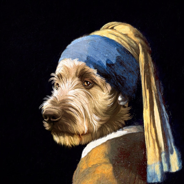 Pet with a Pearl Earring, Custom Dog Portrait, Pet Portrait Painting