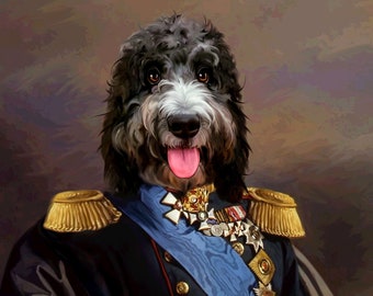 Bernedoodle kungligt husdjursporträtt: Anpassad renässanshundmålning