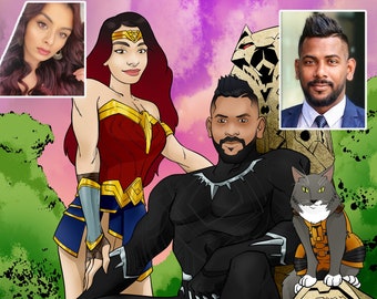 Girlfriend Valentines Day Gift, Cartoon Superheroes Portrait, personalized family portrait