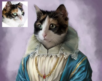 Custom Pet Portrait - Princess Cat Portrait, gift for pet lover - your pet as Queen or Princess