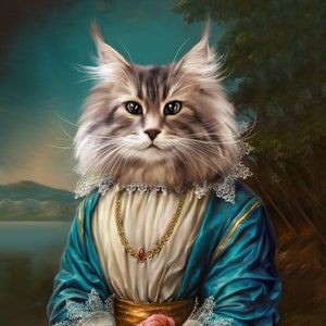 May include: A portrait of a cat dressed in a blue and white gown with a gold necklace and a rose in its paws. The cat has a serious expression and is looking directly at the viewer.