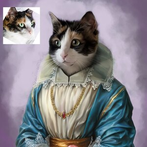 May include: A calico cat dressed in a blue and white gown with a gold necklace and a rose in its paws. The cat is wearing a gold belt and has a white lace collar.