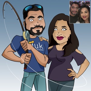 Christmas Couple Gift, Couple Portrait, Fisherman Gift, Custom Cartoon Portrait