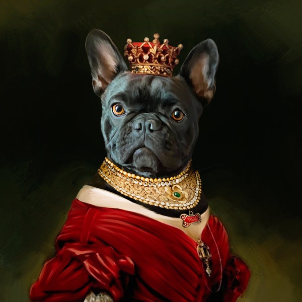 Retrato de mascota real de Bulldog francés, retrato de mascota personalizado, pintura de perro renacentista, regalo del propietario de Bulldog francés.