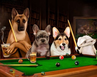 Dogs Playing Billiards, Funny Pet Portrait, Billiards Lover Gift, Pets Playing Pool, Dog Lover Gift