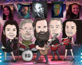 May include: A cartoon band of six people playing music on stage. The band includes a female singer with a microphone, a male drummer with a drum set, a male guitarist with a red electric guitar, a male guitarist with a brown electric guitar, a female guitarist with a red electric guitar, and a male bassist with a black bass guitar. The stage is decorated with lights and a backdrop of pink and purple.