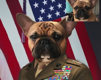Dog  Portrait USA General Military, custom pet regal portrait. Christmas gift
