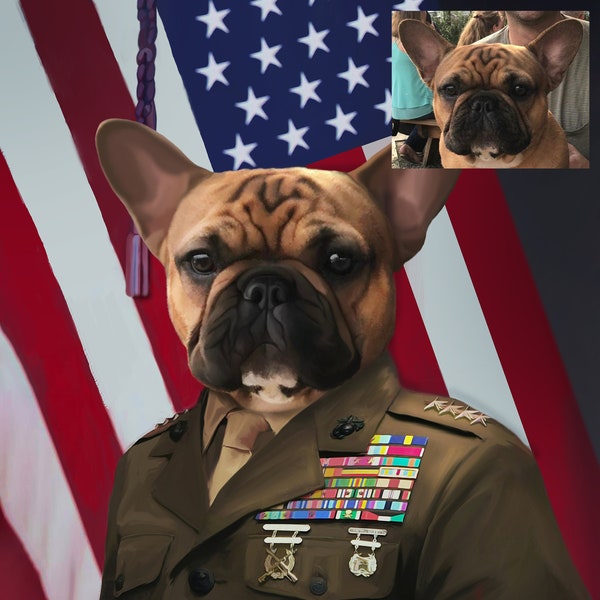 Dog  Portrait USA General Military, custom pet regal portrait. Christmas gift