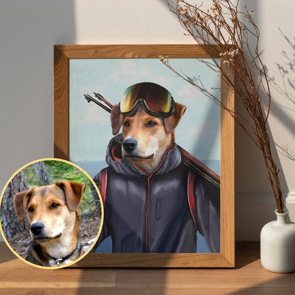Skier Dog Art, Custom Dog Portrait, Skiing Lover Fun Gift, Winter Sports Gift, Funny Pet Lover Gift