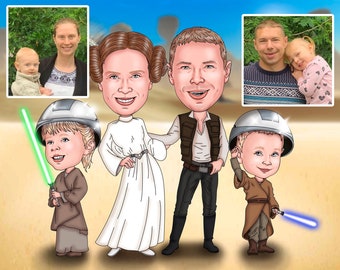 Puede incluir: Una caricatura digital de una familia de cuatro personas vestidas como personajes de Star Wars. Los padres están vestidos como la Princesa Leia y Han Solo, mientras que los dos niños están vestidos como Caballeros Jedi. El fondo es una escena del desierto.