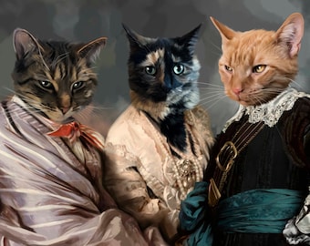 Three Cats Portrait, Cat Owner Gift, Royal Pet Portrait, Custom Cat Portrait, Funny Pet Owner Gift, Memorial Cat Portrait