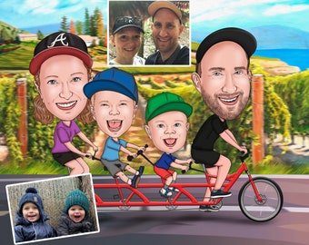 Family Caricature on Bike, Family Portrait, Sport Lovers Family, Family on Vacation, Custom Caricature, Cartoon Portrait