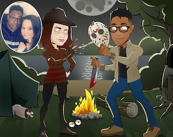 Regalo de Halloween personalizado, retrato de pareja de dibujos animados, retrato familiar