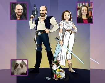 Custom Family with Pets Portrait, Cartoon Portrait, Couple Gift