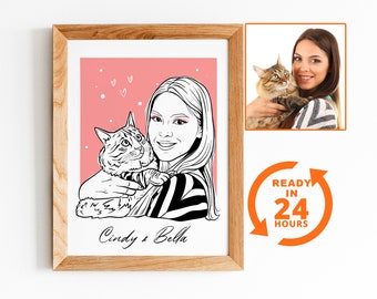 Custom Pet Portrait, Line Art Cat Portrait, Pet lover gift