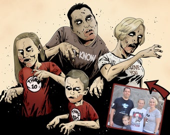Halloween Gift, Custom Cartoon Family Portrait, Zombie Family, Funny Family Gift