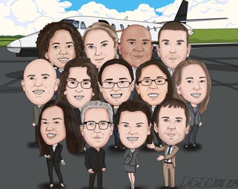 Airline Worker Gift, Custom Group Caricature Portrait, Stewardess Gift, Pilot Gift