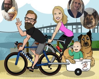 Bike Lovers Gift, Family Portrait, Cartoon Portrait, Funny Family Gift