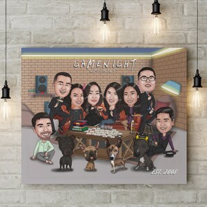 May include: A canvas print featuring a cartoon illustration of a group of people and dogs gathered around a table. The text "GAME NIGHT ORIGINALS" and "EST. 2008" are visible. The background includes a brick wall and a lamp.