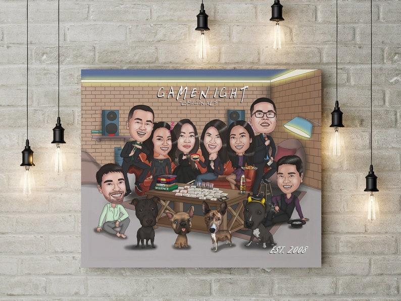 May include: A canvas print featuring a cartoon illustration of a group of people and dogs gathered around a table. The text "GAME NIGHT ORIGINALS" and "EST. 2008" are visible. The background includes a brick wall and a lamp.