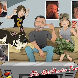 Custom family portrait illustration, cartoon family portrait with pets