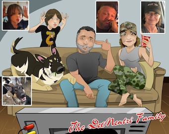 Puede incluir: Una ilustración de dibujos animados de una familia con un perro sentado en un sofá. La familia está viendo la televisión. El texto "The DeMentri Family" está escrito en la pantalla del televisor.
