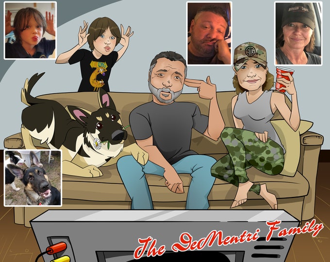 Custom family portrait illustration, cartoon family portrait with pets